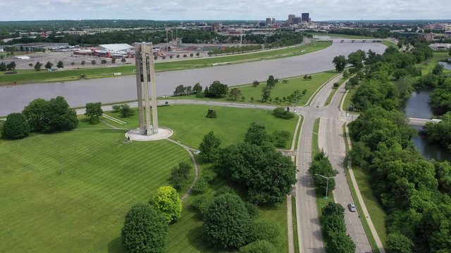 Carillon tower and the Miami River looking toward downtown, Dayton, Ohio, USA