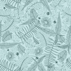 Fototapeta na wymiar Vector green mint monochrome overlapping jungle ferns outlines seamless repeat pattern. Suitable for fabric, wallpaper and gift wrap.