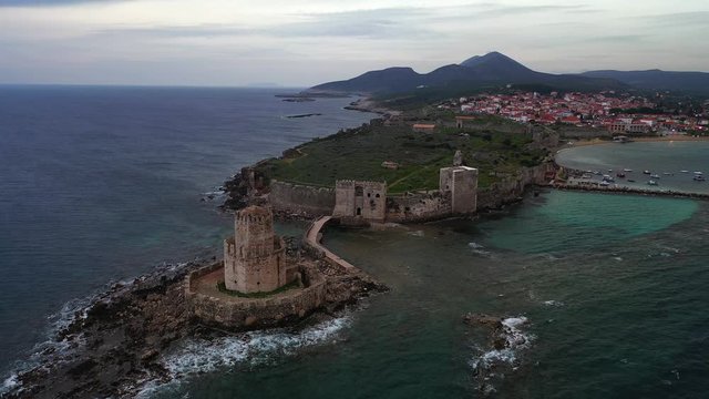 Aerial view of Methoni at sunset in Peloponnese, Messenia, Greece