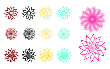 Mandala icons in black yellow blue and pink color rendered by watercolor artwork