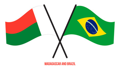 Madagascar and Brazil Flags Crossed And Waving Flat Style. Official Proportion. Correct Colors