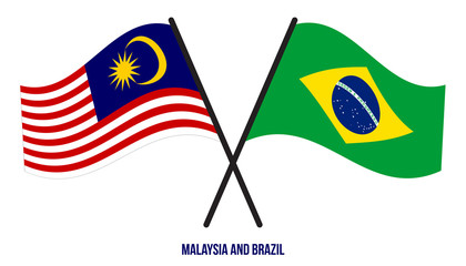 Malaysia and Brazil Flags Crossed And Waving Flat Style. Official Proportion. Correct Colors