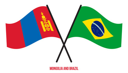 Mongolia and Brazil Flags Crossed And Waving Flat Style. Official Proportion. Correct Colors