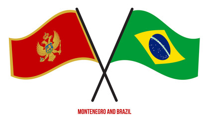 Montenegro and Brazil Flags Crossed And Waving Flat Style. Official Proportion. Correct Colors