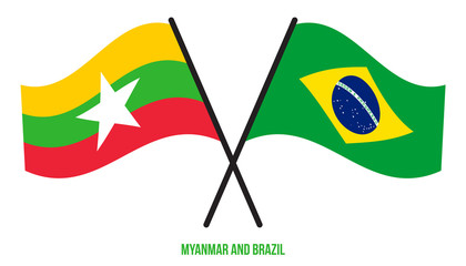 Myanmar and Brazil Flags Crossed And Waving Flat Style. Official Proportion. Correct Colors