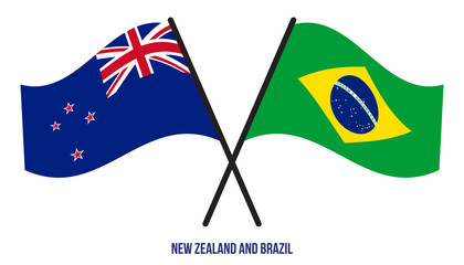 New Zealand and Brazil Flags Crossed And Waving Flat Style. Official Proportion. Correct Colors