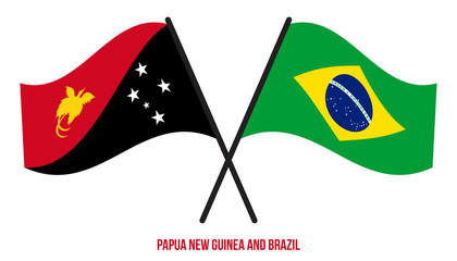 Papua New Guinea and Brazil Flags Crossed & Waving Flat Style. Official Proportion. Correct Colors