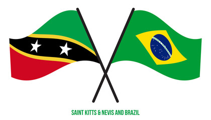 Saint Kitts & Nevis and Brazil Flags Crossed And Waving Flat Style. Official Proportion