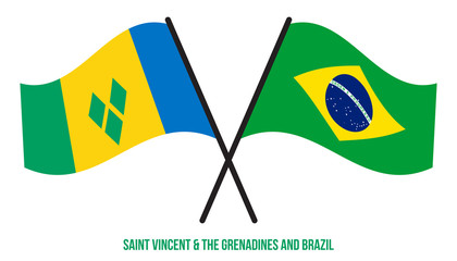Saint Vincent & the Grenadines and Brazil Flags Crossed And Waving Flat Style. Official Proportion