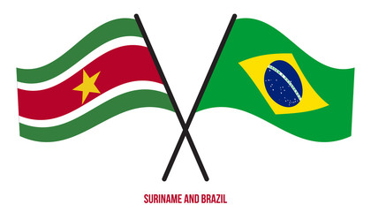 Suriname and Brazil Flags Crossed And Waving Flat Style. Official Proportion. Correct Colors