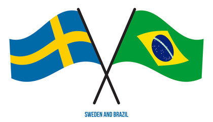 Sweden and Brazil Flags Crossed And Waving Flat Style. Official Proportion. Correct Colors