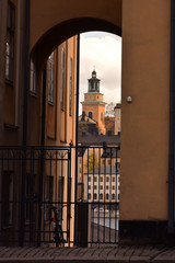 北欧、ストックホルム、教会のある風景。City View with Church and blue sky,Stockholm Sweden
