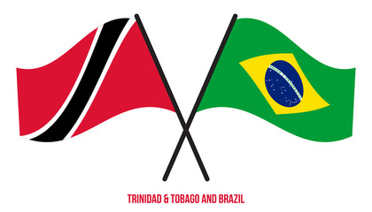 Trinidad & Tobago and Brazil Flags Crossed And Waving Flat Style. Official Proportion