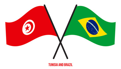 Tunisia and Brazil Flags Crossed And Waving Flat Style. Official Proportion. Correct Colors