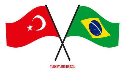 Turkey and Brazil Flags Crossed And Waving Flat Style. Official Proportion. Correct Colors