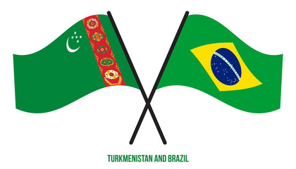 Turkmenistan and Brazil Flags Crossed And Waving Flat Style. Official Proportion. Correct Colors