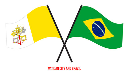 Vatican City and Brazil Flags Crossed And Waving Flat Style. Official Proportion. Correct Colors