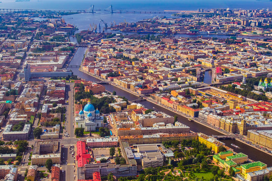 Saint Petersburg. Russia. Panorama of Saint Petersburg from a drone. Aerial view Of Saint Petersburg. Trinity Cathedral and residential areas were photographed from a height. Cities of Russia.