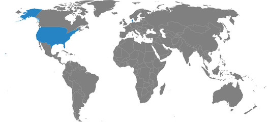 Denmark, USA countries isolated on world map. Light gray background. Business concepts, diplomatic, trade and transport relations.
