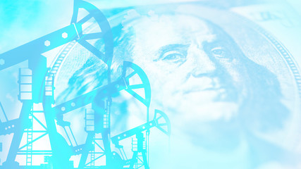 Petrodollars. Oil rigs and dollars in blue. The concept of the sale of natural resources. The price of crude oil. Revenue from mining. Production of petroleum products.