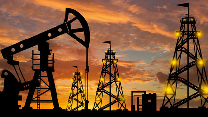 Silhouette of an oil production company. Natural resource extraction. Oil rigs against the evening sky. Oil export. Fuel industry. Global energy market. - obrazy, fototapety, plakaty