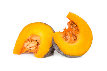 sliced two pumpkin with seeds isolated on white background