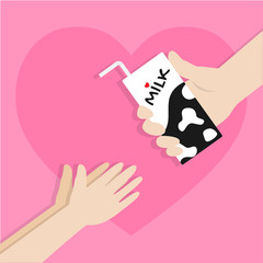 Adult hand gives milk to young hand, Abstract take care flat background vector design.