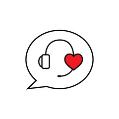 Serivce Support with headphones. Customer Support Icon. Consultation, telemarketing, consultant, secretary. Headset with heart shape, Service Mind.