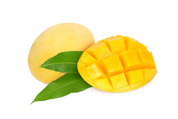 ripe mango with leaf isolated on white background
