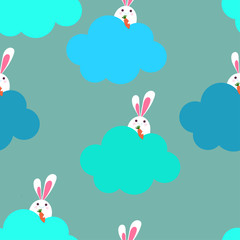 Pattern Cute white rabbit on blue cloud