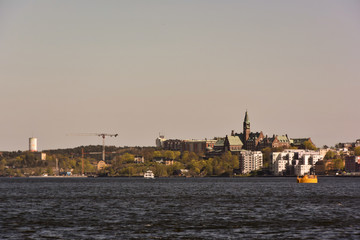 北欧、ストックホルム、港町の風景。Beautiful aerial view of Stockholm old town from sea, Sweden