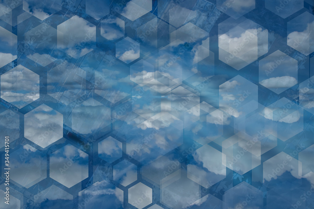 Poster abstract background with clouds. background from the sky and geometric shapes. translucent hexagons.