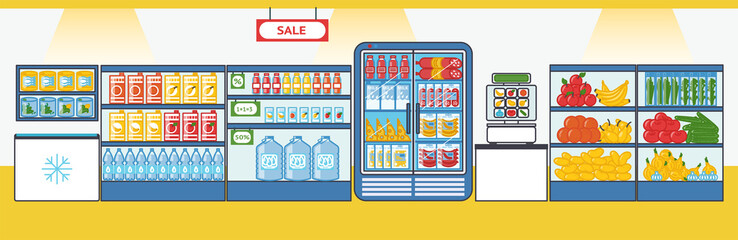Supermarket with fruits, vegetables, drinks, sausages and other products. Shelves and fridges with food stuff. Vector illustration in cartoon style