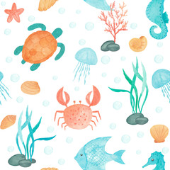 Watercolor seamless pattern. Sea Turtle, Crab, fish, seahorse, seaweed, coral, jellyfish, starfish, seashell. White background. Hand drawn. For wallpapers, web page, surface textures, fabric, paper.