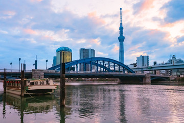 Japan. Tokyo Bay. The river in Japan. The ferry is moored near the bridge. A bridge to the island of Odaibo. Automobile Bridge in the capital of Japan. Tokyo in sunny weather. City landscape