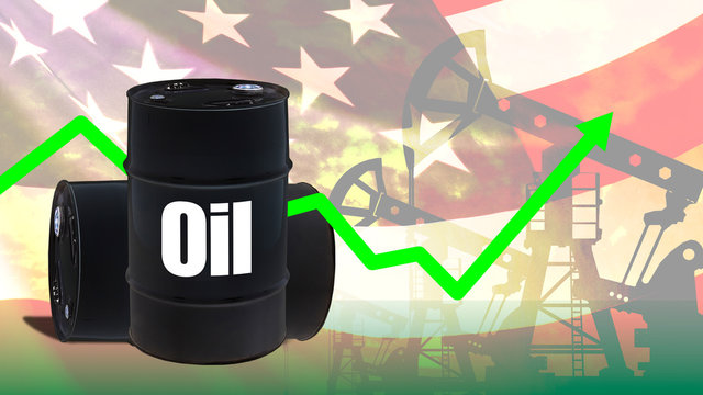 WTI. Price American Oil Is Rising. Concept - Shale Oil Production Growth. West Texas Intermediate Oil. Black Barrels Of Nafony Of USA Flag. Concept - Graph Shows Forecast For Fuel Imitation. Flag US