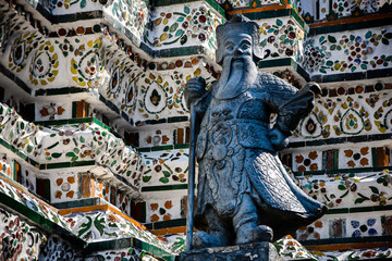 Bangkok, Thailand - 12 January 2019: Details of the Central Pagoda at Wat Arun - The Temple of Dawn in Bangkok