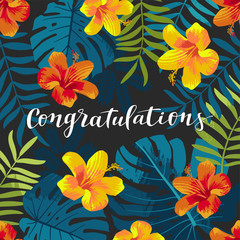 Obraz premium Congratulations greeting card. Tropical Summer postcard, poster with monstera leaves and hibiscus flowers. Vintage jungle background. Muted colors. Hawaiian party backdrop