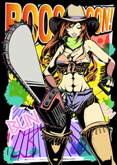 アメリカンコミック（アメコミ）風 セクシーなチェーンソーを持ったカウガール 背景あり