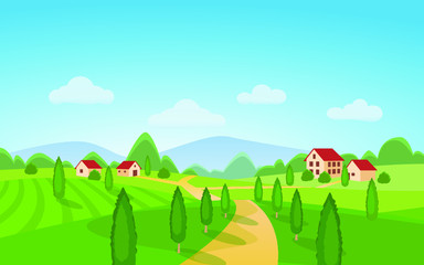 countryside landscape with trees and mountains