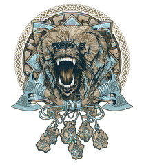 Tattoo with a snarling bear, ethnic ornaments and amulets