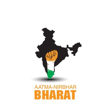 VECTOR ILLUSTRATION FOR SELF DEPENDENT INDIA,WITH HINDI TEXT AATMA NIRBHAR BHARAT MEANS SELF DEPENDENT INDIA, ILLUSTRATION IS SHOWING INDIAN MAP WITH UNITY HANDS ON INDIAN FLAG BACKGROUND