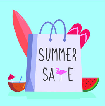 Summer sale vector concept: shopping bag written "Summer Sale" with flamingo picture on it