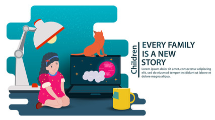 A little girl under a table lamp sitting in front of a laptop on the floor concept for banners and websites and postcards vector flat illustration