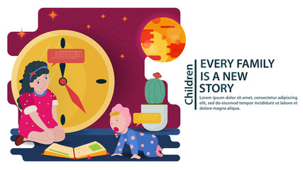 A little teenage girl is sitting on her knees in front of a book and watching a baby crawl a concept for banner design and websites and postcards vector flat illustration