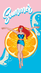funny; cocktail; ocean; outdoor; watermelon; character; cute; poster; retro; card; vintage; fun; party; inflatable; blue; sun; summertime; tropical; lifestyle; banner; illustration; beach; people; rel