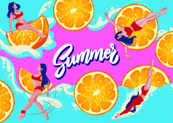 funny; cocktail; ocean; outdoor; watermelon; character; cute; poster; retro; card; vintage; fun; party; inflatable; blue; sun; summertime; tropical; lifestyle; banner; illustration; beach; people; rel