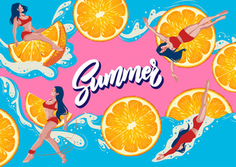 funny; cocktail; ocean; outdoor; watermelon; character; cute; poster; retro; card; vintage; fun; party; inflatable; blue; sun; summertime; tropical; lifestyle; banner; illustration; beach; people; rel