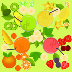 Fruit cocktails standing on the table, view from the top. Chunks of fruit