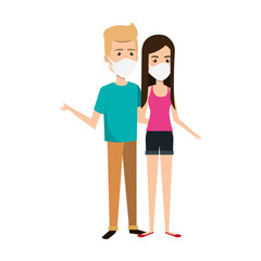 young couple using face mask isolated icon vector illustration design